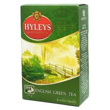 Hyleys English Green Tea in green packaging, natural tea product.