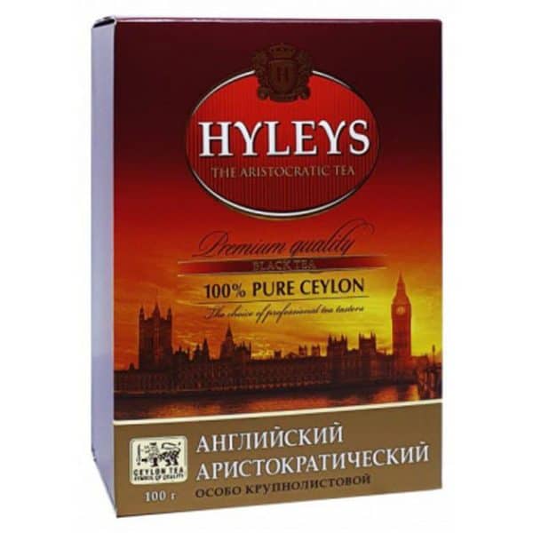 A1. На знімку упаковка чорного чайного сорту Hyleys з логотипом і зображенням Лондону на задньому фоні.