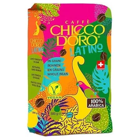 Яскраве пакування кави Chicco D'oro Latino, 500 г, арабіка, веган, швейцарська якість.