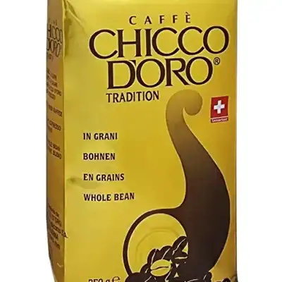 Мелкий помол кави Chicco Doro, зерна у пачці, ескіз, зображення.