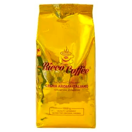 Молотий кава в золотій упаковці Ricco Coffee, італійський аромат, високоякісний кавовий продукт, ідеальний для кавоварки.
