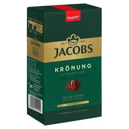 Кавові зерна Jacobs Krønung, розчинна кава, натуральний аромат, пачка для приготування кави, якісний кавовий продукт.