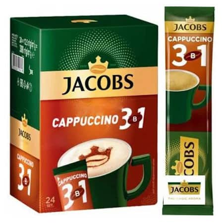 Пакет кави Jacobs Cappuccino 3 в 1 та чашка з напоєм.
