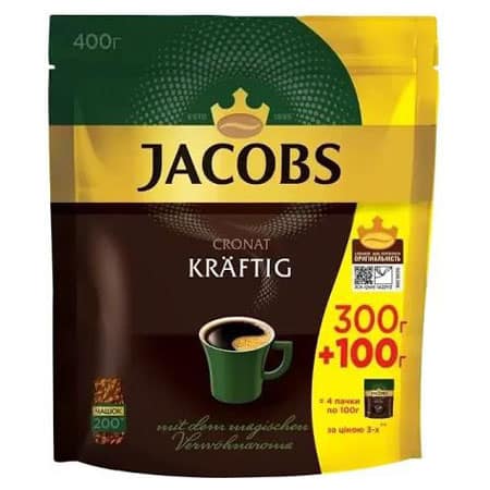 Кава Jacobs Cronat Kräftig, міцна кава у пакеті, натуральний смак, 400 г.