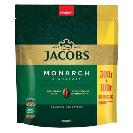 Запакування кави Jacobs Monarch Signature, 400 г, з ароматом та насиченим смаком для цінителів.
