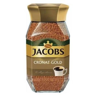 Кава Jacobs Cronat Gold у скляній банці, ідеальна для приготування ароматної кави вдома.